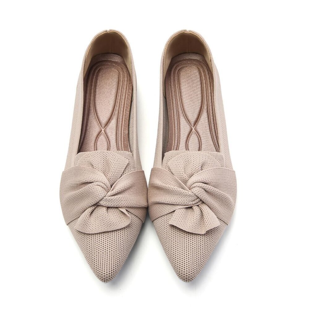 Pointed Toe Ballet Flats with Bow, Comfortable Knit Dressy Shoes
